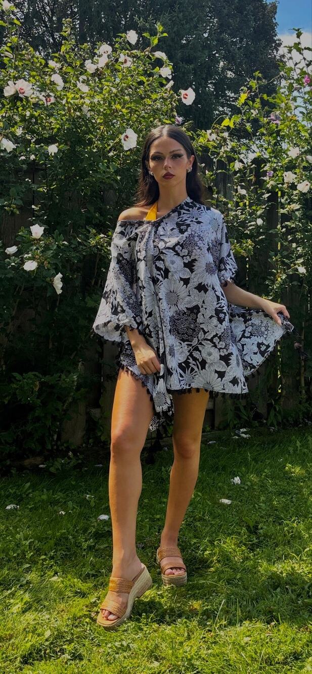 Floral Swimsuit Cover Up Handmade One of Kind Black White Lightweight Boho